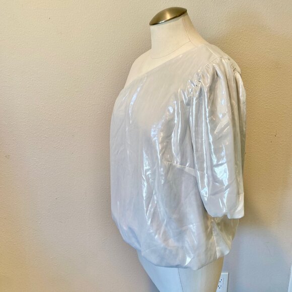 I.N.C. Off-Shoulder Asymmetrical Silvery Blouse‎ Women’s Large Liquid Look - Picture 7 of 8